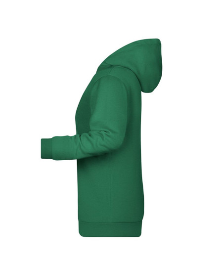 A green Ladies Promo Hoodie with a kangaroo pocket and a hood, featuring a logo on the front.