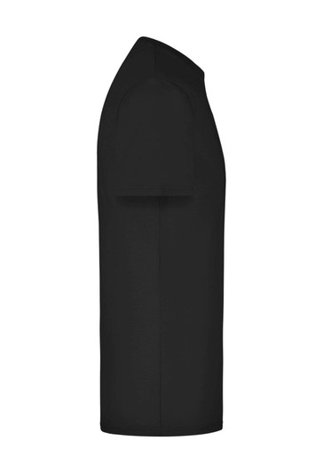 A black elastic T-shirt shown from the side, featuring a smooth design and a logo.