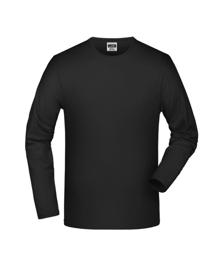 A black long-sleeve elastic T-shirt with a simple design and a tag visible inside the neckline.