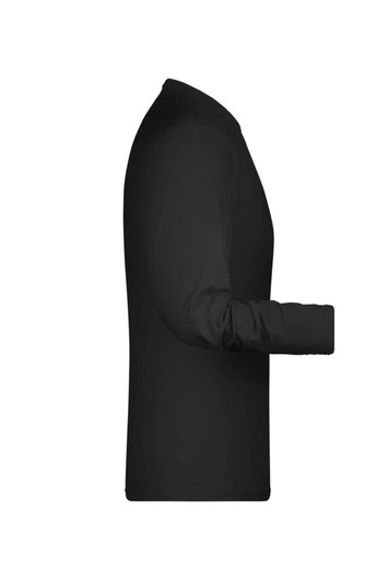 A black long-sleeve t-shirt displayed from the side, featuring a fitted design and a logo.