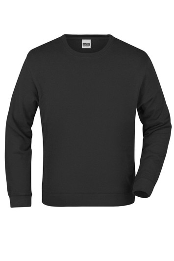 A black sweater with long sleeves and a crew neckline, featuring a tag inside and a simple design.