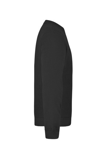 A side view of a black jumper featuring a simple design and a branding logo on the front.