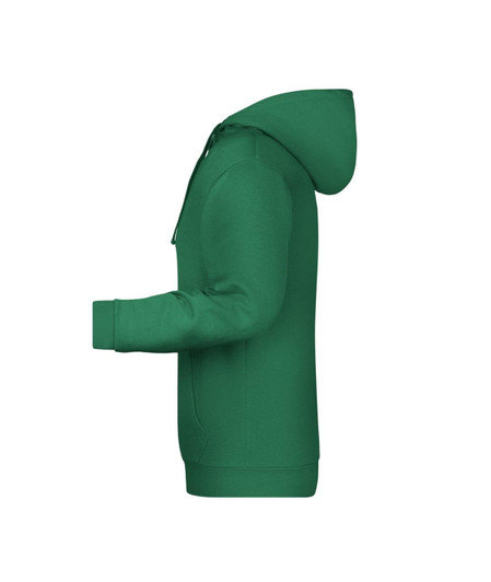 A green men's hoodie features a front pocket and a hood, with a logo on the chest area.