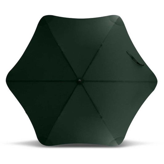 A green BLUNT Sport Umbrella with a hexagonal shape, featuring a central button and a handle. It has a logo on the surface.