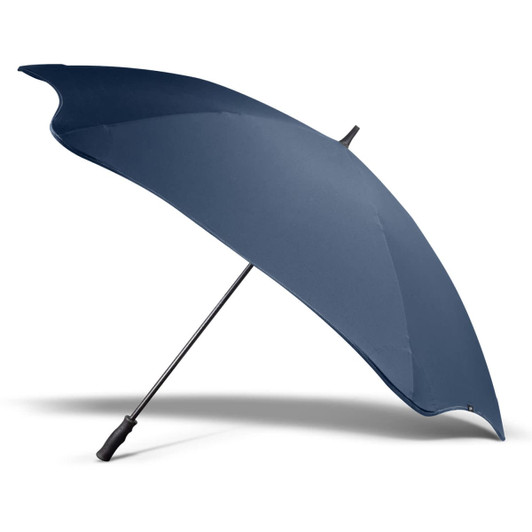 A navy blue sport umbrella with a curved canopy and black shaft, featuring a handle and logo.