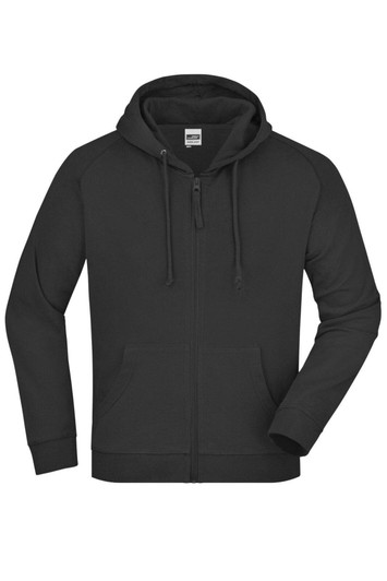 A black hooded jacket with a zip front and raglan sleeves, featuring a logo on the chest area.