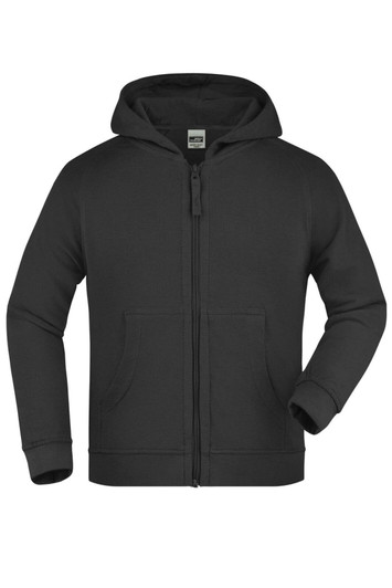 A hooded jacket in black with a zip front and pockets, featuring a logo on the label.