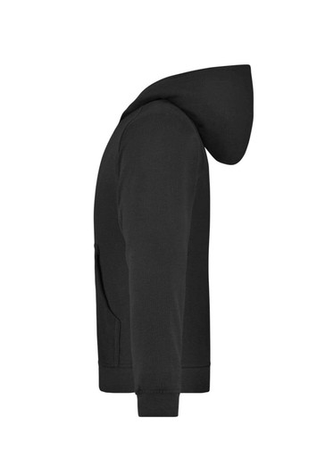 A hooded jacket in black, featuring long sleeves, a front pocket, and a logo on the side.