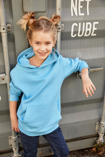 A blue children's hoodie featuring a large front pocket, worn by a girl against a grey background.