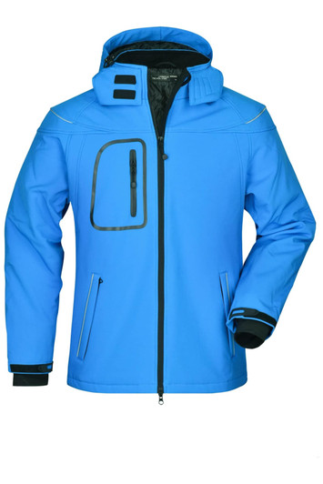 A blue men's winter softshell jacket with a zip front, hood, and a pouch pocket, featuring a logo.