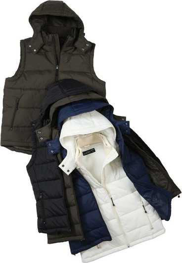 Men's padded vests in olive green, navy, and white, layered and displayed with hoods and a logo.