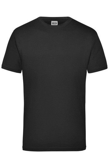 A black short-sleeved work T-shirt featuring a brand logo.