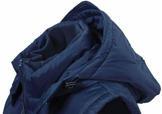 A navy blue padded vest with a hood, featuring a zip closure and an internal lining. It has a logo.