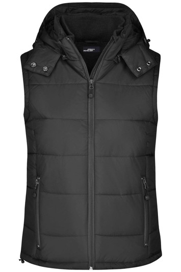 A black padded vest with a zip front, features a hood and two zippered side pockets. It has a logo on the front.