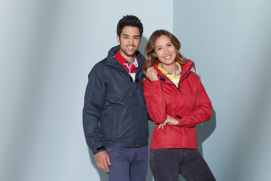 A navy men's outer jacket and a red women's rain jacket, both with hoods, displayed on models.