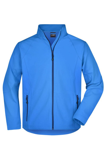A blue men's softshell jacket with a stand-up collar and zippered front. Features side pockets and a logo.