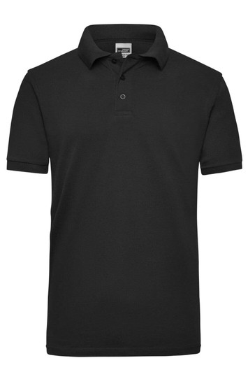 A black work polo shirt with a collar and short sleeves, featuring a logo on the chest.