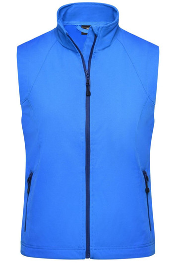 A blue softshell vest with a high collar and two zippered front pockets. It has a logo on the chest.