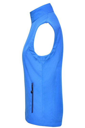 A blue ladies softshell vest featuring a sleeveless design and a side zip pocket.