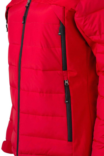 A red ladies' outdoor hybrid jacket featuring side zip pockets and a soft shell design. The jacket has a branding logo.