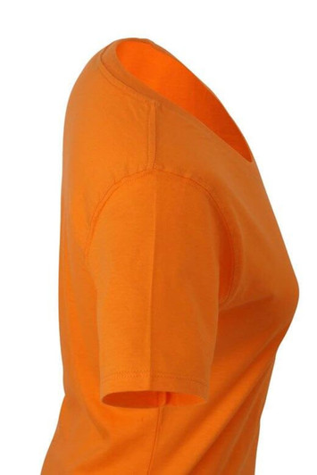 An orange women's work T-shirt featuring a simple design and a crew neck. It has a logo on the side.