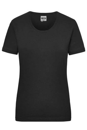 A black women's work t-shirt with a classic crew neck and short sleeves, featuring a logo.