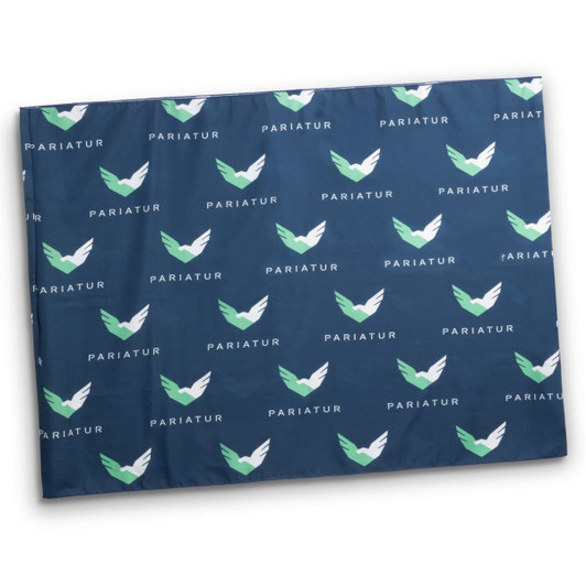A navy blue scarf featuring a repeating pattern of green and white wings, with a brand logo.