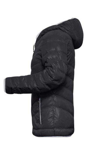 A ladies' down jacket in black, featuring a hood and puffer design with a zippered front and side pockets.