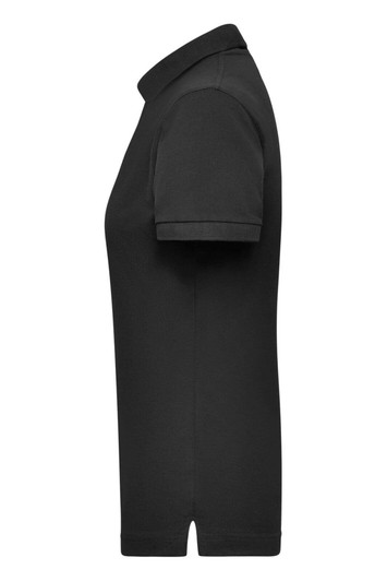 A black women's polo shirt with a classic collar and short sleeves, featuring a logo.