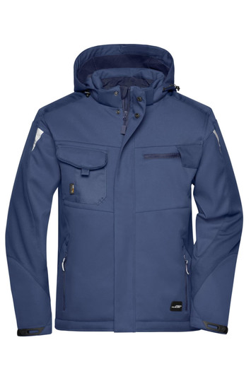 A navy softshell jacket featuring multiple pockets and a hood, with a logo on the front.