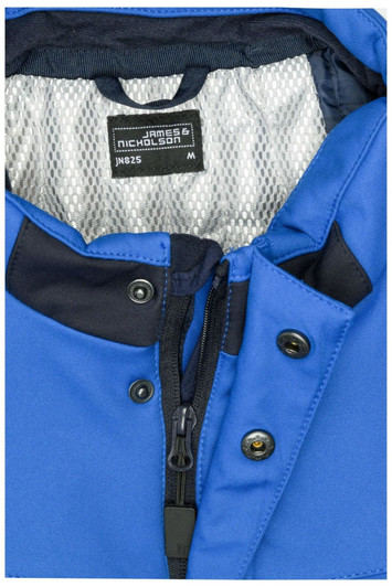A blue softshell vest features a zippered front and a mesh inner lining, with a brand label inside.