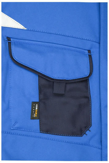 A blue softshell vest featuring a black pocket with a flap and a branding label.