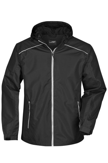 A black men's rain jacket featuring zippered pockets and a hood, with reflective detailing and a logo.