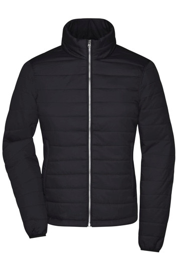 A black padded jacket with a zip front and high collar, featuring a subtle horizontal pattern and no visible logos.