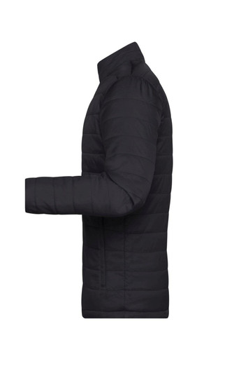 A black padded puffer jacket shown from the side, featuring a zip and a logo on the sleeve.