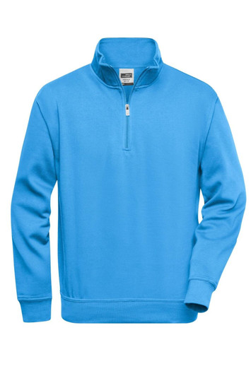 A blue half zip sweatshirt with long sleeves and a collar, featuring a logo on the chest area.