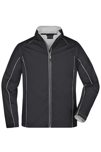 A black softshell jacket with contrast white stitching and a zip front, featuring a collar and long sleeves.
