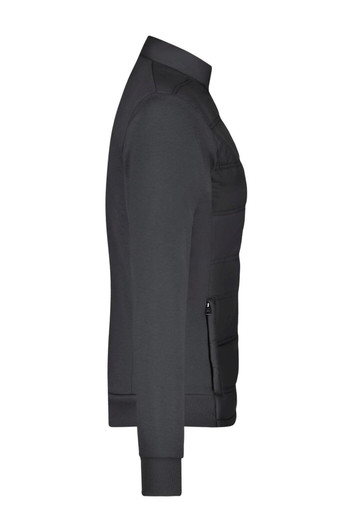 A dark grey ladies hybrid sweat jacket with a zip pocket and a fitted design. It features a logo on the chest.