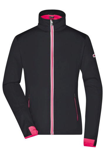 A black softshell jacket with a pink zip and cuffs, featuring a logo on the sleeve.