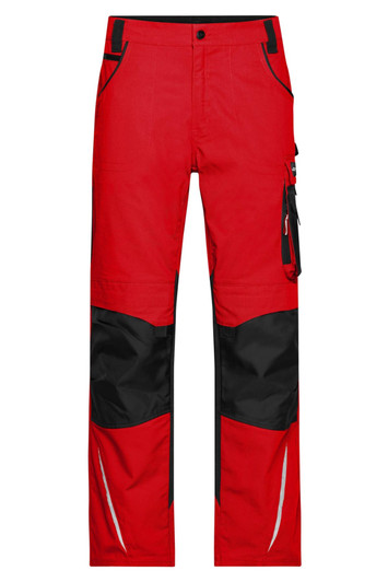 Red workwear pants featuring black accents and multiple pockets, including a tool pocket and a logo.