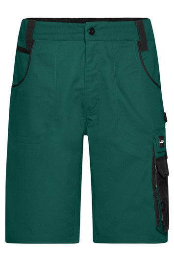 Green work shorts featuring multiple pockets and black detailing, designed for durability in work environments.
