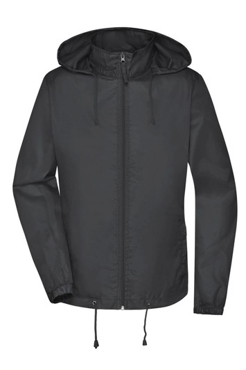 A black rain jacket with a hood, featuring a zipper and adjustable drawstrings at the hem and cuffs. It has a logo.