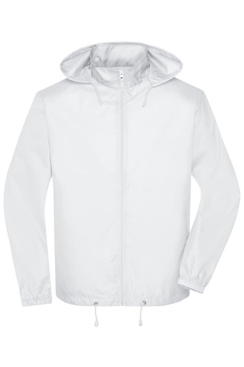 A white men's promotional jacket with a hood and elastic cuffs, featuring a logo.