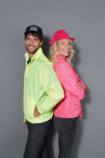 A vibrant pink ladies' rain jacket and a bright yellow men's rain jacket, both with casual styling and logos.
