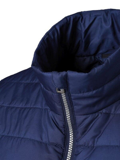 A navy padded vest featuring a high collar and zip closure, with a logo visible.