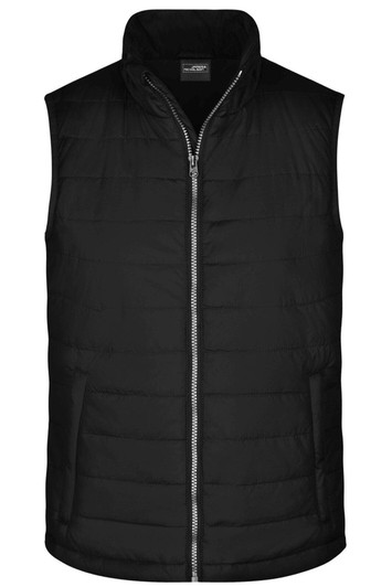 A black padded vest with a zip front and high collar, featuring a logo. Ideal for layering in cooler weather.