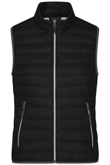 A black ladies down vest with zippered front pockets and a stand-up collar. It features a simple design and has a logo.
