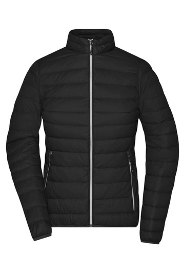 A black ladies down jacket with a zip front and two zippered side pockets, featuring a branding logo.