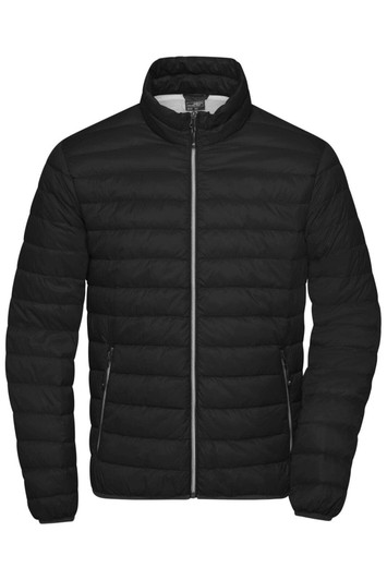 A black men's down puffer jacket with a zip front, featuring quilted detailing and side pockets.