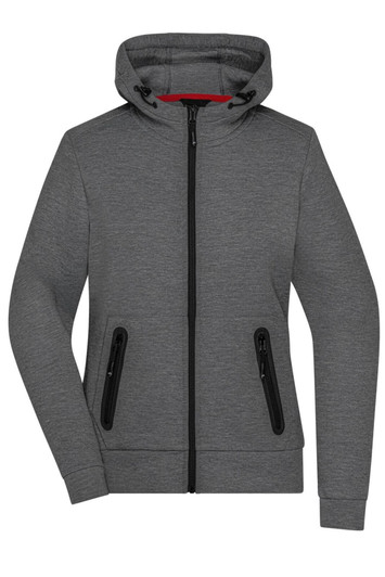 A grey ladies hooded jacket featuring a zip front and two black zippered pockets, with a contrasting red interior.